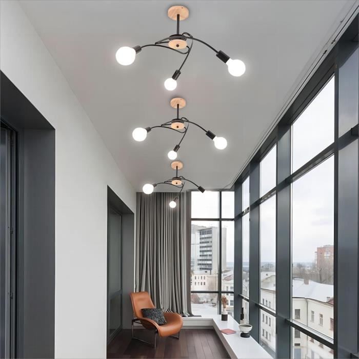 Spot De Plafond Plafonnier Spot Noir Spot Strip 6 Flammes, MDF Aspect Bois Scandinave, 6x