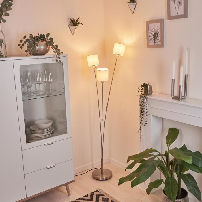Lampe de sol - Costa - Ronde - Métal nickel mat - Abat-jour tissu blanc - 3 x E14