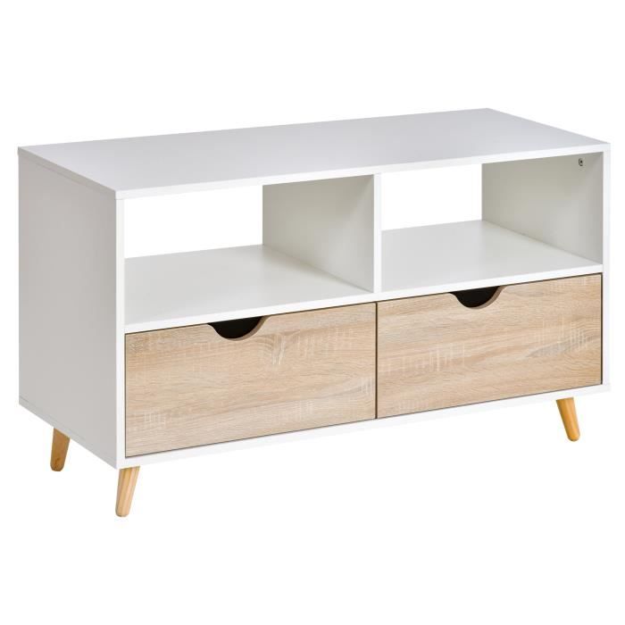 meuble tv bas sur pieds style scandinave 2 tiroirs coloris chêne clair blanc 99x39x58cm blanc