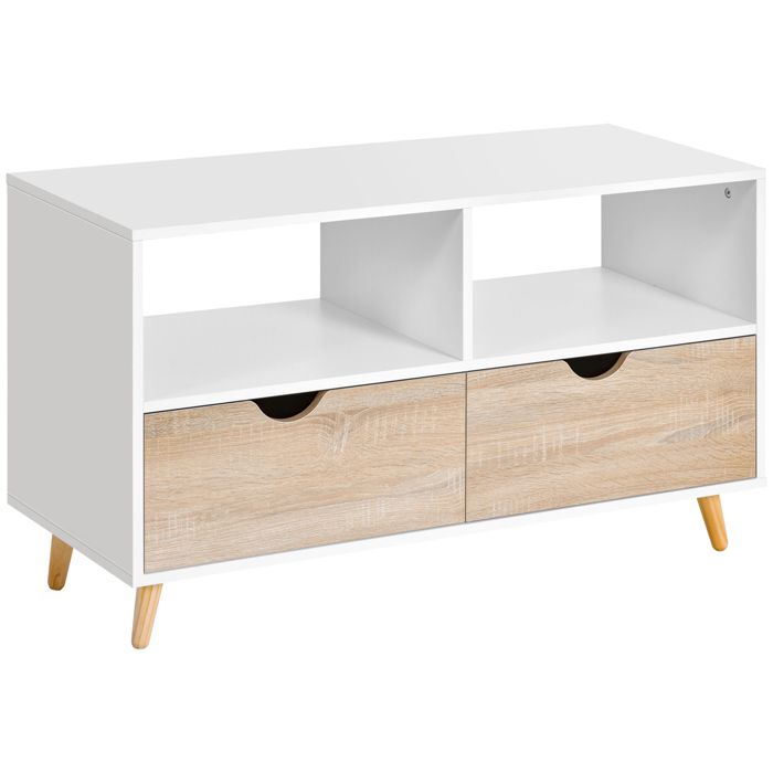 meuble tv bas sur pieds style scandinave 2 tiroirs coloris chêne clair blanc 99x39x58cm blanc