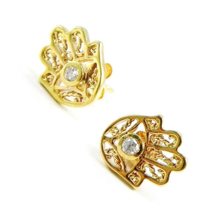 Boucles D'oreilles Pendantes Main De Fatma - Plaqué Or 18ct Et Oxydes De Zirconium, Neuves Avec étiquettes