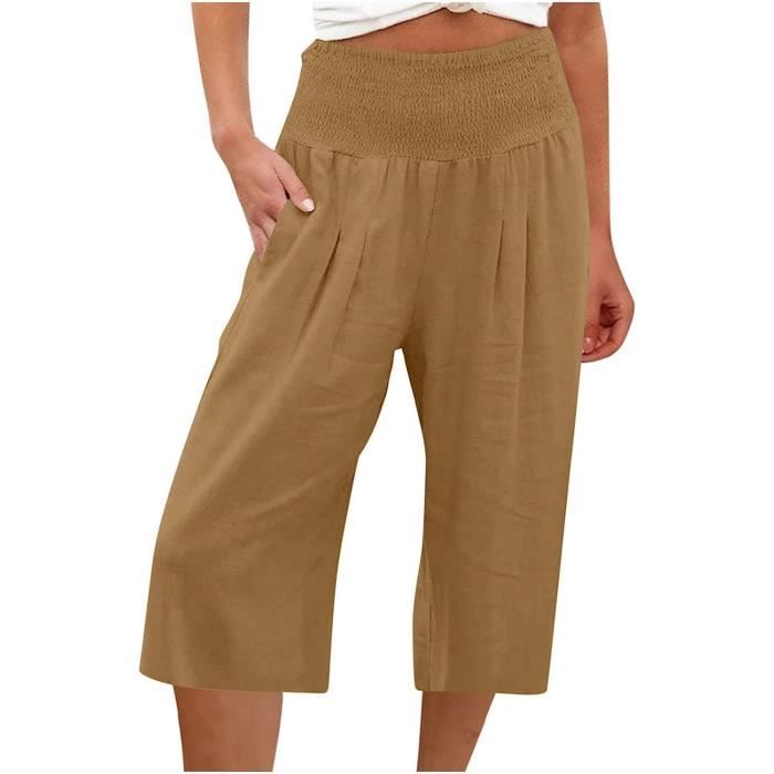 Pantalon Court Femme Été Pantacourt Fluide Jambe en Coton et Lin Pantalon de Jogging léger pour Femme Pantalon de Longueur 3/4 - J