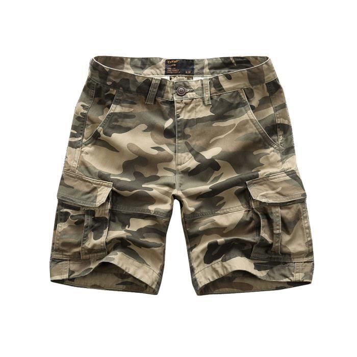 Short Cargo Camouflage Pour Hommes - Multi-poches - Coton Décontracté - Style Militaire - Taille Slim Fit - 14