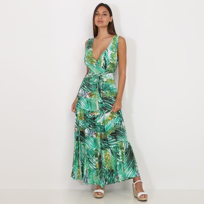 robe longue ceinturée blanche à imprimé tropical vert
