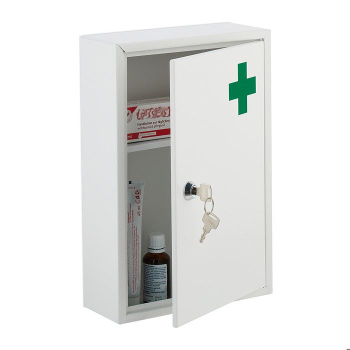 Relaxdays Armoire à pharmacie verrouillable 2 niveaux acier HxLxP: 32x215x8 cm pour médicaments accrocher blanc