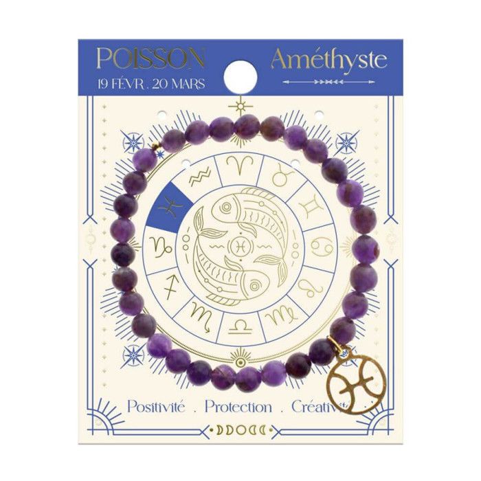 Bracelet zodiaque - Signe poisson - Pierres daméthyste - Avec médaillon doré - Idées cadeaux