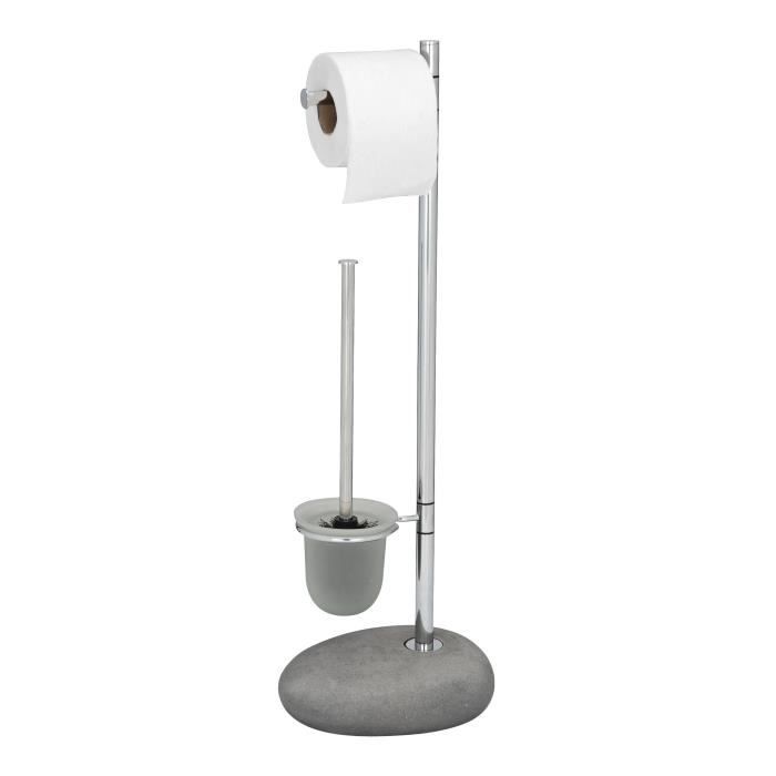 WENKO Serviteur WC 2en1, distributeur Papier Toilette et Brosse WC, Pebble Stone, effet pierre, Acier, 23,5x70x19 cm, gris - chromé