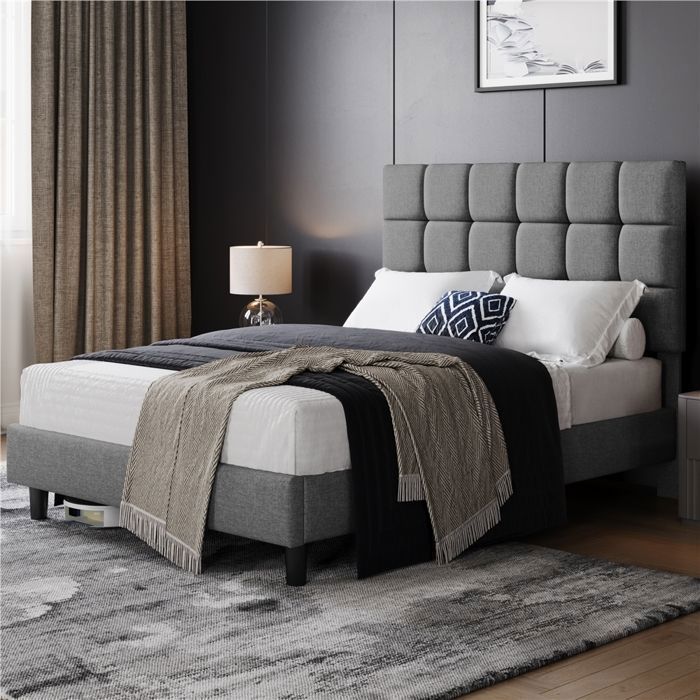 Cadre de Lit 140x200cm Capitonné Carré Tête de Lit Réglable avec Sommier à Lattes Pieds Bois Massif et Métal Gris clair YAHEETECH Cadre de Lit 140x200cm Capitonné Carré Tête de Lit Réglable avec Sommier à Lattes Pieds Bois Massif et Métal Gris clair YAHEETECH