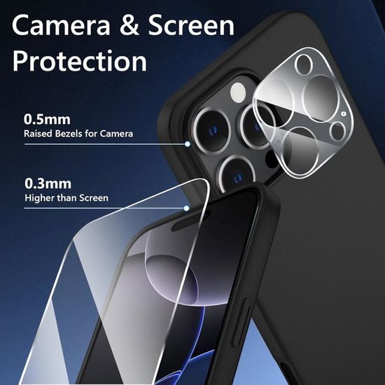 Coque Silicone Noir + 2 Verres Trempés Pour IPhone 16 Pro - Pack De Protection Little Boutik - Fabriqué En France