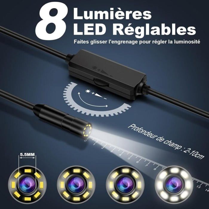 Caméra Endoscopique USB 1080P 5 Mètres - Compatible Smartphone Android/iOS - Étui étanche IP67, 8 LEDs - Pour Inspection