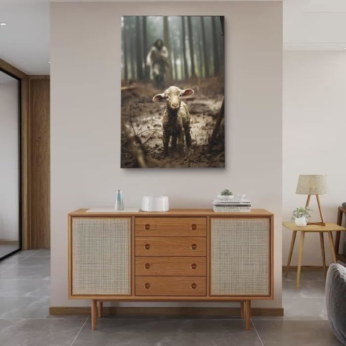 Tableau Jésus Christ Tenant Un Agneau - Impression Sur Toile Art Mural - Encadré