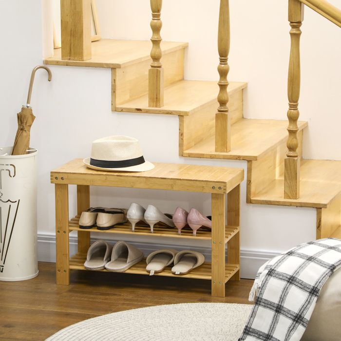 Banc à Chaussures En Bambou Avec Siège Rembourré - Rangement Pour 4 à 8 Paires, 50/70x32x45 Cm - 1
