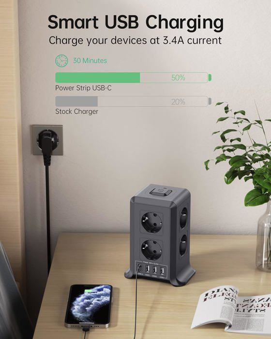 Multiprise Tour ZYC05 – 8 Prises + 4 Ports USB – Avec Interrupteur – Noire