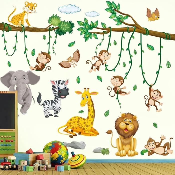 Acheter Autocollants muraux d'animaux de la forêt, sparadrap pour chambres  d'enfants, chambre de garçons, dessin animé, girafe, singe, éléphant,  zèbre, arbres, fresque en vinyle