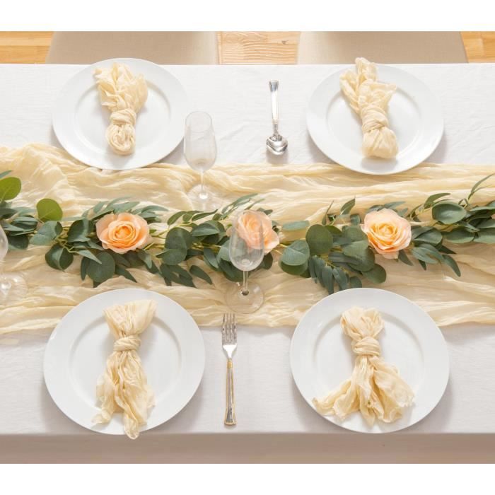 2 Pièces Chemin De Table Boho En Gaze Beige 90 X 400 Cm - Mousseline De Soie Froissée Pour Mariage, Anniversaire Et Décoration Élégante