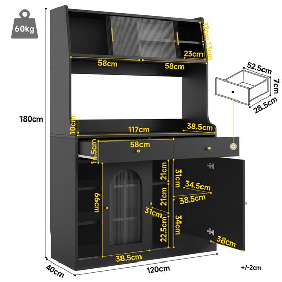 Buffet Avec éclairage LED - 120x40x180 Cm, 2 Tiroirs, Portes Coulissantes, étagères Réglables, Noir