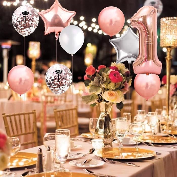 Déco Anniversaire 1 An Or Rose - Ballons 32" Chiffre 1, Guirlandes, Confetti - Set Complet Pour Fête