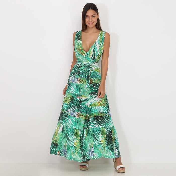 Robe longue ceinturee blanche a imprime tropical vert Blanc Cdiscount Pret a Porter