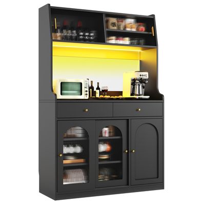 Buffet Seyakany Avec éclairage LED - 120x40x180 Cm - 2 Tiroirs, Portes Coulissantes - Noir - Meuble De Rangement - 8