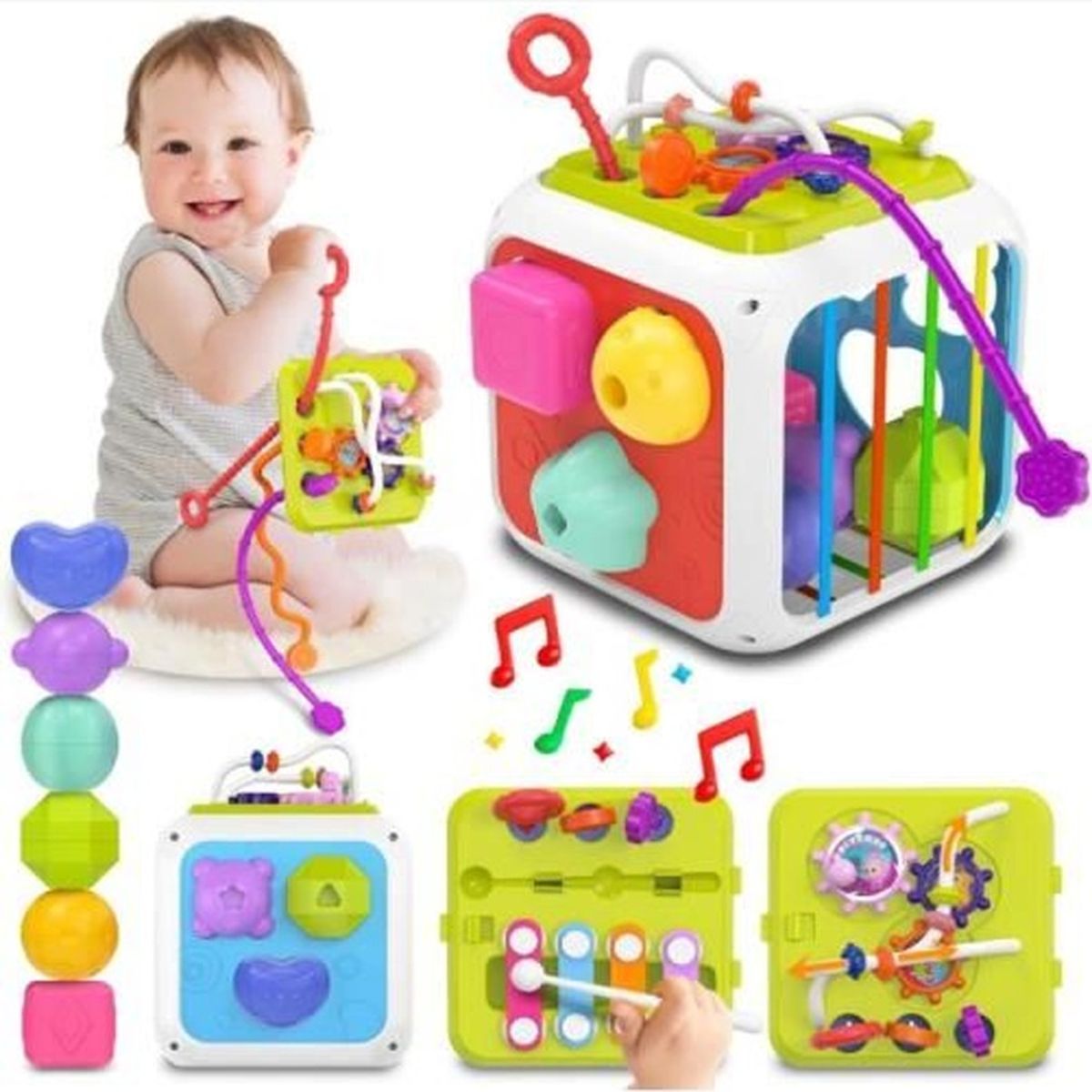 7-en-1 Jouet Montessori 1 an, Trieur de Formes B?�b?� Labyrinthe de Perles Jouets d'apprentissage 