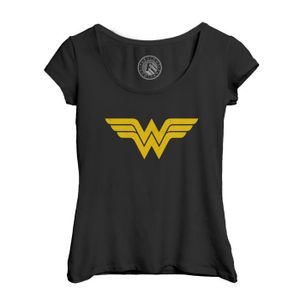 T-SHIRT T-shirt Femme Col Echancré Noir Wonder Woman Super
