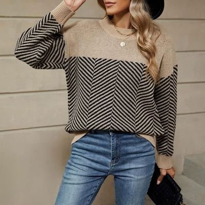 Pull Fantaisie Rayures So And Co - Laine Mélangée Gris Beige - Taille Régulière Femme - Neuf Avec étiquettes