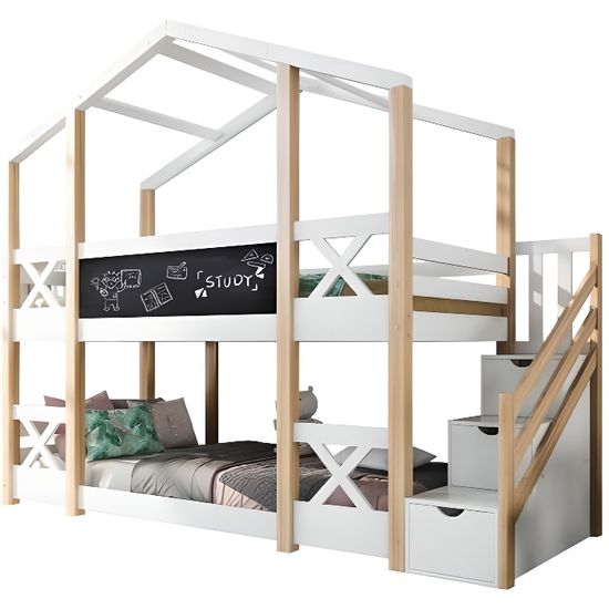 Lit d'enfant superposé Moritz en hêtre massif, laqué blanc avec toboggan, sommier à lattes