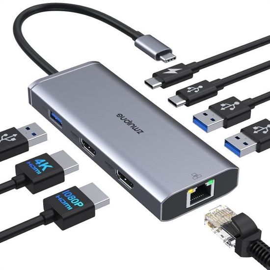 Station D'accueil USB Hub MST – Double HDMI, Double écran, 12-en-1, Neuve