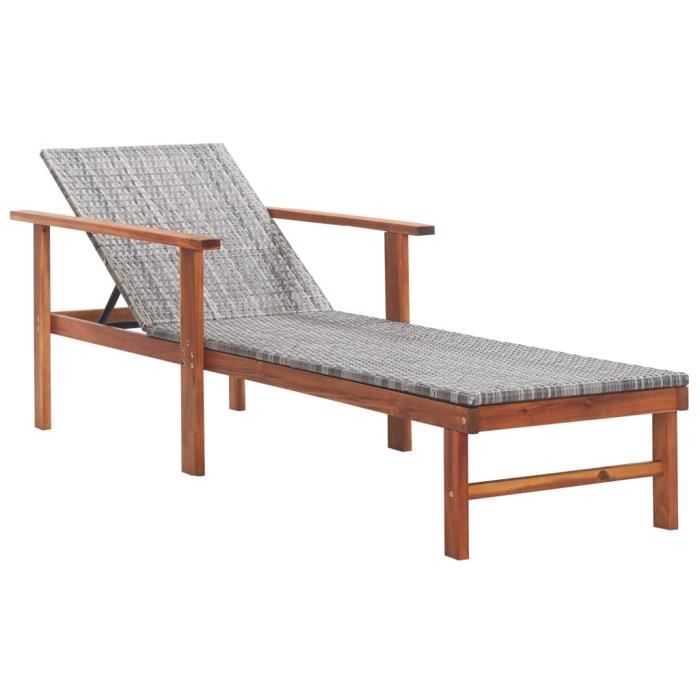 Chaise longue de jardin Résine tressée - Bains de soleil, Fauteuil de Jardin, Transat jardin et bois d'acacia massif - Gris