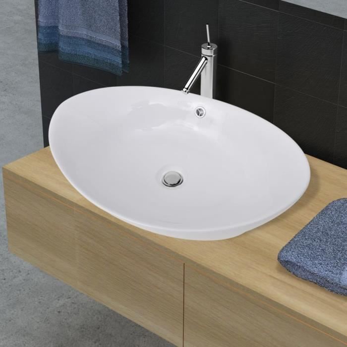 Lavabo Vasque à poser Salle de Bain Lave Main Haut de Gamme ovale en céramique avec trop plein 59 x 38,5 cm