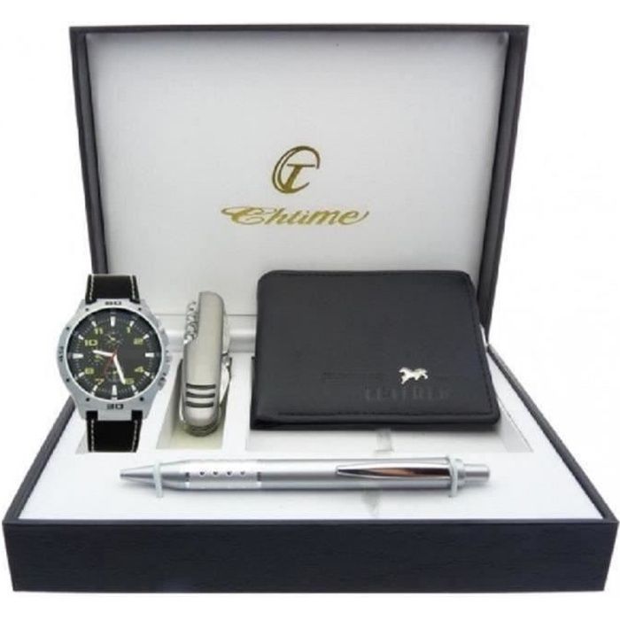COFFRET MONTRE HOMME CUIR + PORTEFEUILLE + STYLO + COUTEAU MULTIFONCTIONS COFFRET CADEAU