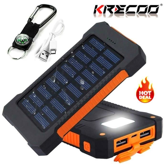 KREKCO®50000mAh Batterie solaire portable Batterie externe 2USB Lampe LED étanche pour tous les téléphones portables (Orange)