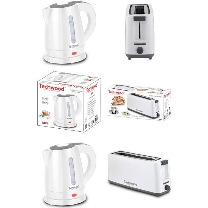 Pack Bouilloire 1600W 1l Blanche + Grill pain 900W double larges fentes