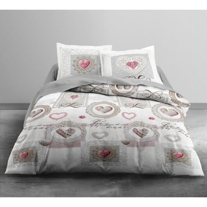 Today DP2 Parure de Lit 2 Personnes Flanelle Karellis Plat + Drap Housse + 2 Taies d'Oreiller, Coton, Blanc-Beige-Gris, 220x240 c