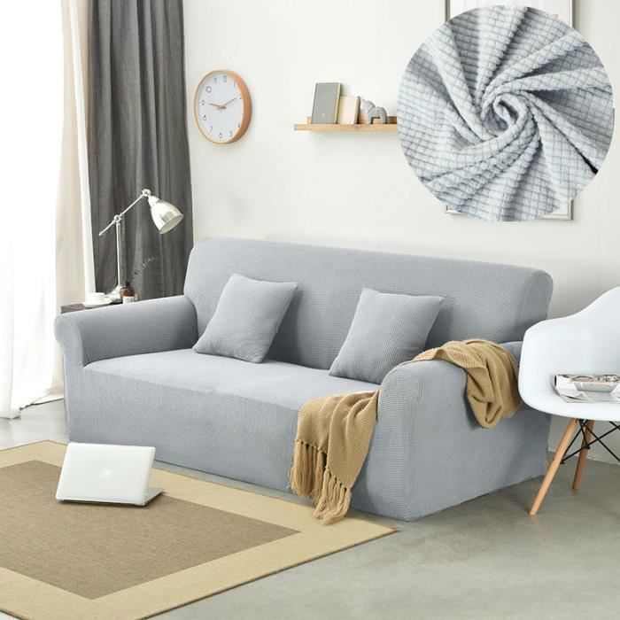 Housse de canapé 2 places élastique antidérapante grille de gaufres polaire de couleur Gris clair