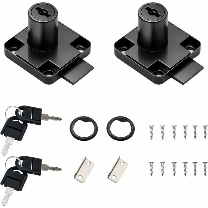 Lot de 2 verrous de tiroir de bureau noir avec 4 clés universelles vis à base carrée serrure de sécurité fixe pour meubles