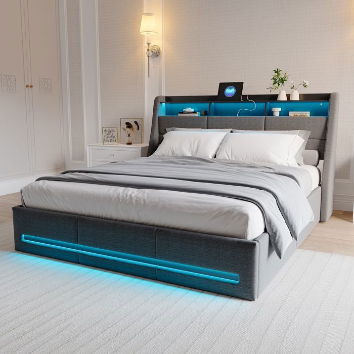 Lit Coffre 140x200cm avec Rangement, Lit Capitonné avec Sommier LED et ...