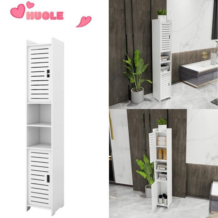 HUOLE Meuble de salle de bain à double porte étagères deux compartiments matériau pp 26*22*118cm blanc.