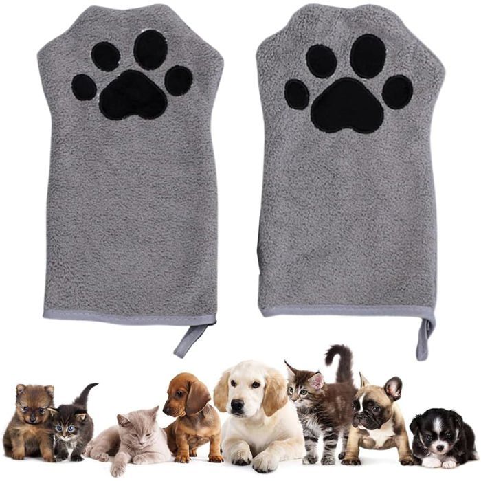 2 Pcs Serviette pour Chiens Gants de Nettoyage pour Chats Tissu Absorbant Doux & Durable en Microfibre (Gris)