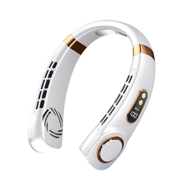 Ventilateur Tour de Cou Blanc Rechargeable - 5 Vitesses - Écran LED - Lumière d’Ambiance - 4000mAh - Bytelike
