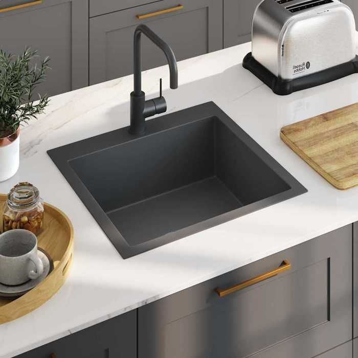 HSF®Évier de cuisine - 1 bac - Résistance à la chaleur jusquà 280 ° C - fait main Noir Acier inoxydable cvk28181