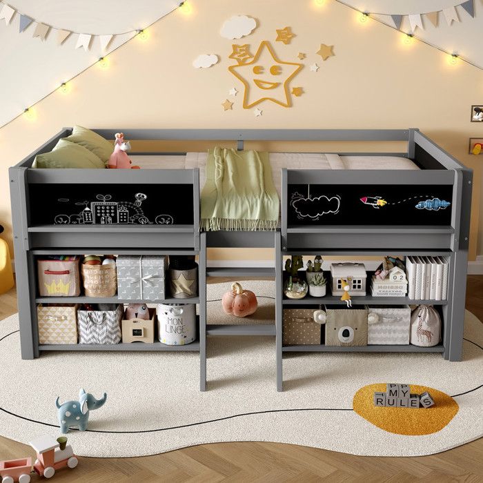 90 x 200 cm lit mi-hauteur multiples rangements garde-corps échelle pin sans matelas style minimaliste gris