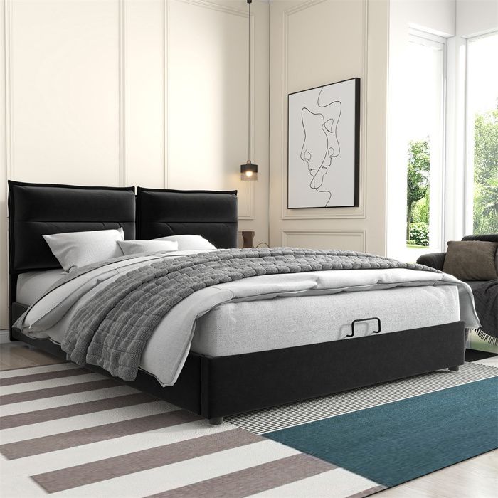 Lit coffre 140x200 cm rembourré velours noir avec sommier à lattes métalliques – rangement sans matelas
