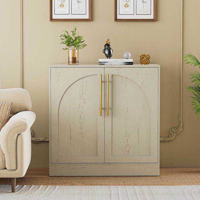 GOOBUY Buffet Bas à 2 Portes Meuble de Rangement avec Manche en Métal Doré Porte à Motif en Arc Support 50kg 80x40x78cm Beige