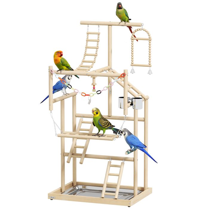 Aire de jeux pour oiseaux - PawHut - avec échelles jouet à chaîne plateau mangeoire balançoire - 48 x 38 x 95 cm - bois naturel