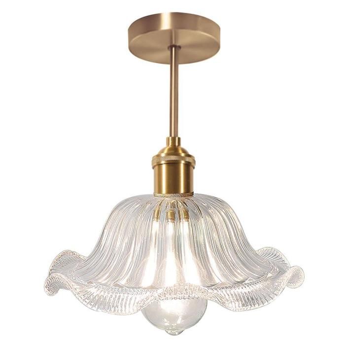 WOTTES 1 x Plafonnier Vintage E27 Ø25CM Luminaire Fleurs Design Rétro avec Abat-jour en Verre Transparent et Doré Tige Pour Loft