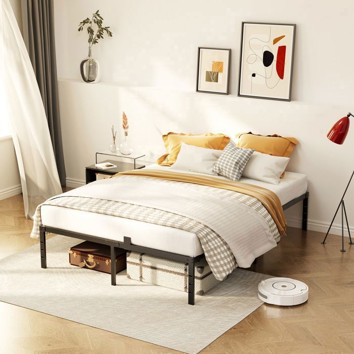 Sommier Métal 140x190CM - Noir - Cadre de Lit Double - 14 Lattes Métalliques Renforcées - compatible avec divers têtes de lit