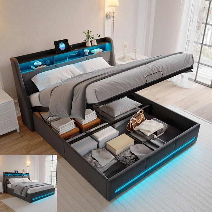 litcoffre 140 190 coffre lit 140 x 190 avec sommier lit adulte lit double avec LED réglable et chargement USB lin Gris foncé