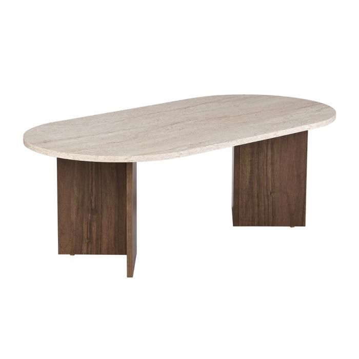 CALICOSY - Table basse ovale L119 cm - IRIS - Travertin/ Noyer