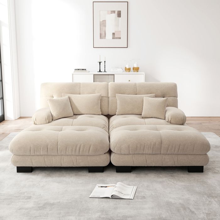 Canapé dangle - Cloud - 220x145x81 cm - Chenille vintage marron clair - Livré avec poufs et coussins